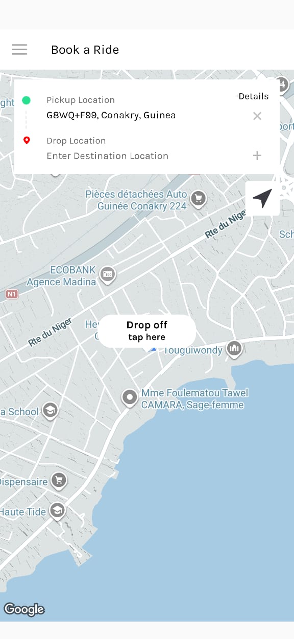 Écran de réservation de trajet de l’application passager JAMBO